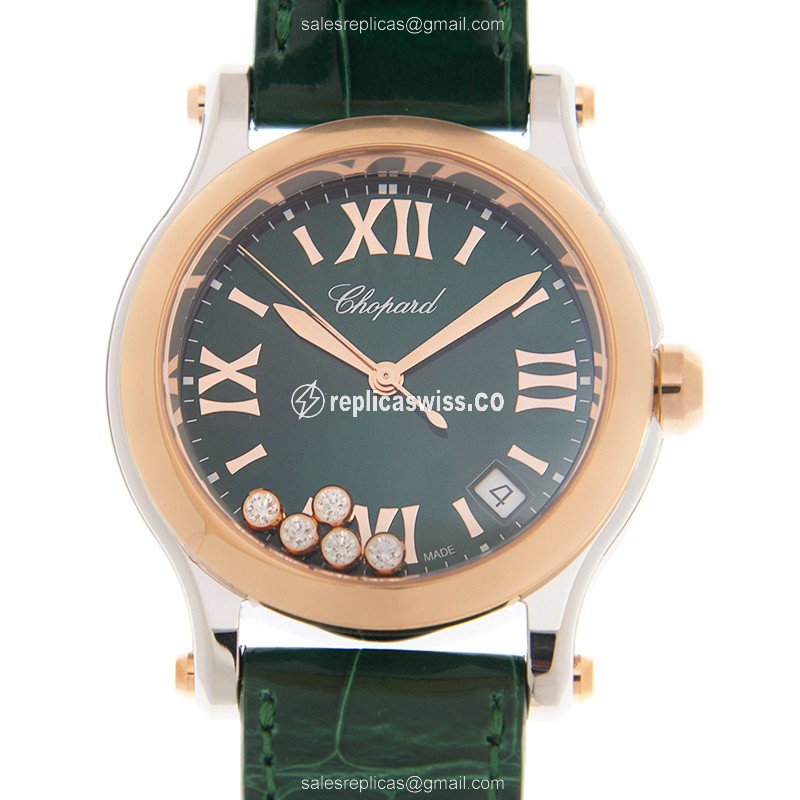 Chopard Happy Sport Quartz 18kt Rose - Green Dial - Diamond Case - Green Leather Strap - Buckle Clasp